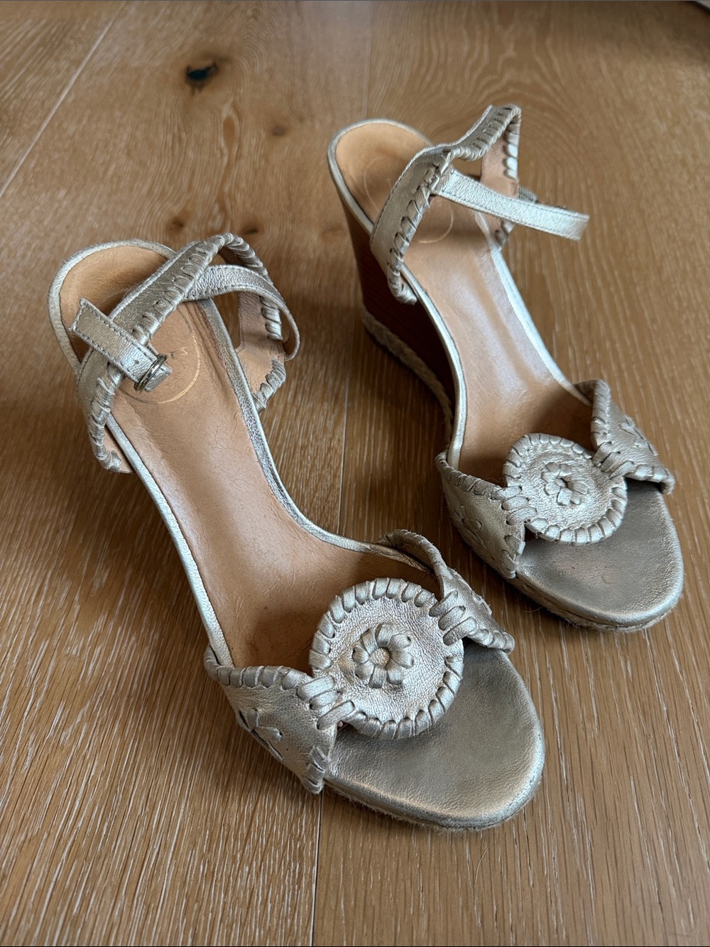 Jack Rogers - Champagne Metallic Wedge Sandals with Decorative Rosette